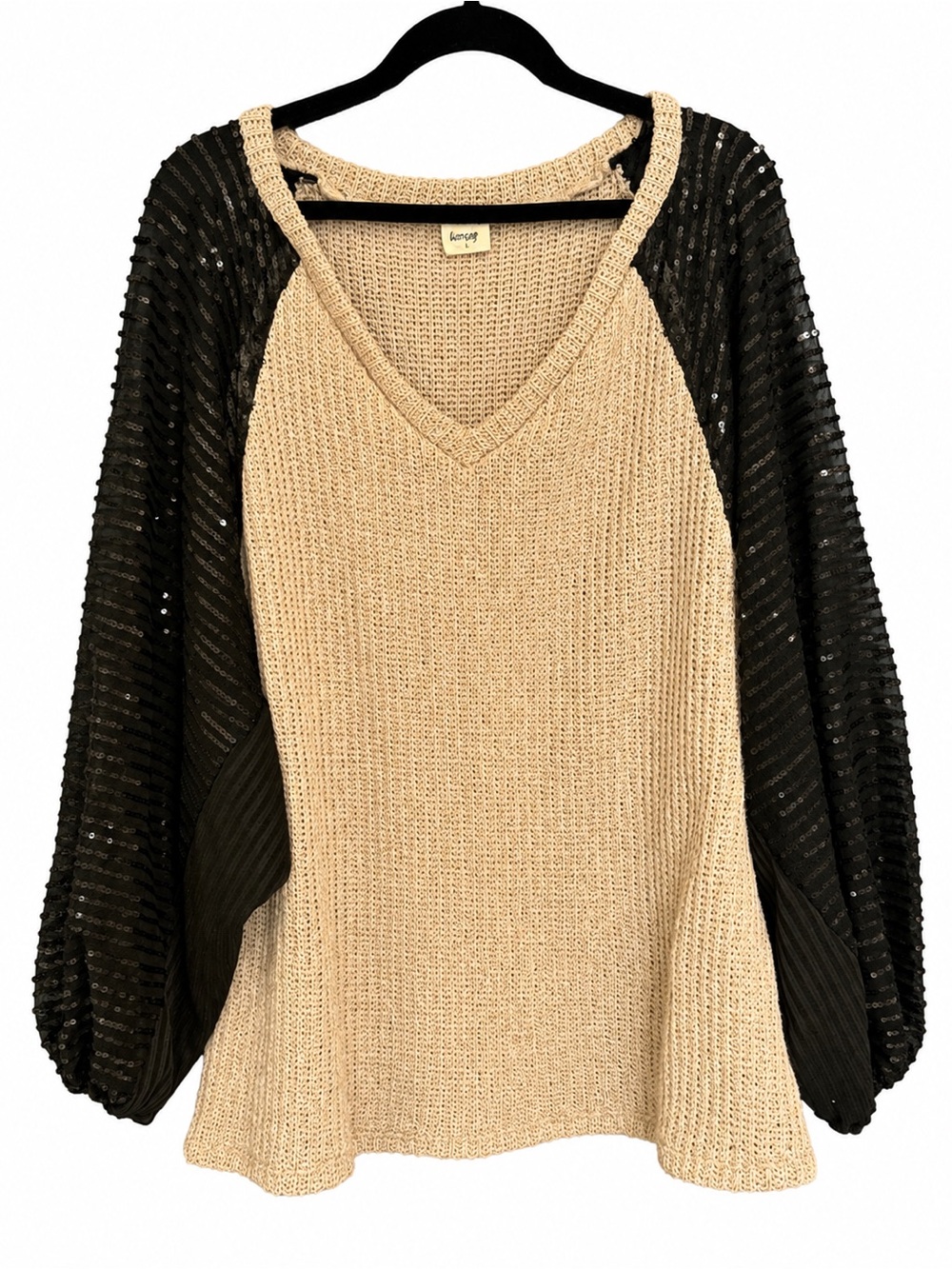 Boutique Blue Buttercup Cream V-Neck Sweater with Black Sequin Raglan Sleeves